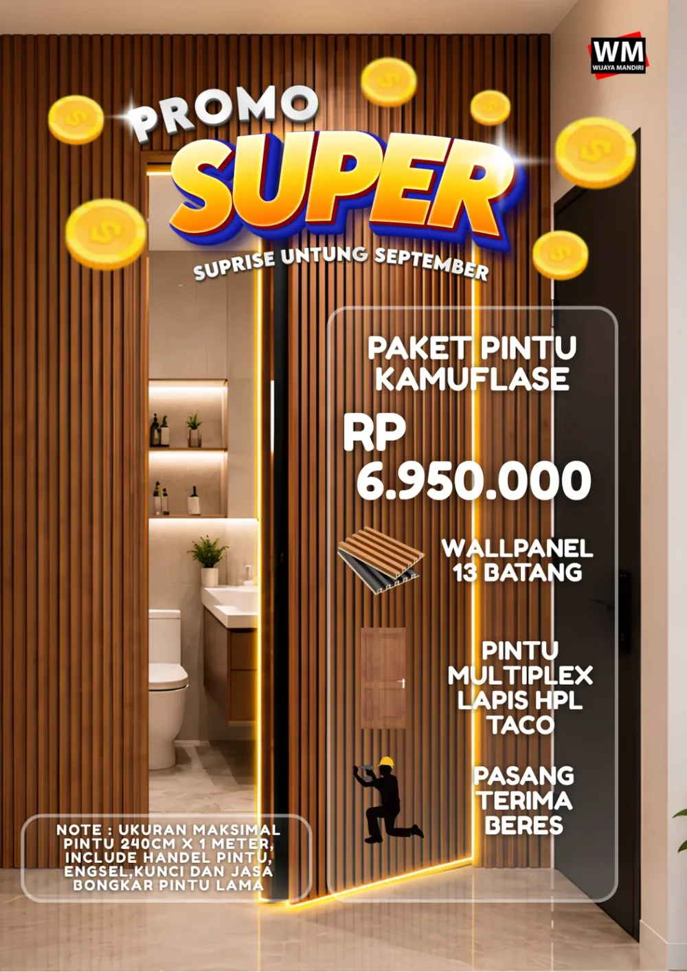 Promo Super Paket Pintu Kamuflase Rp6.950.000, termasuk wallpanel dan jasa pasang