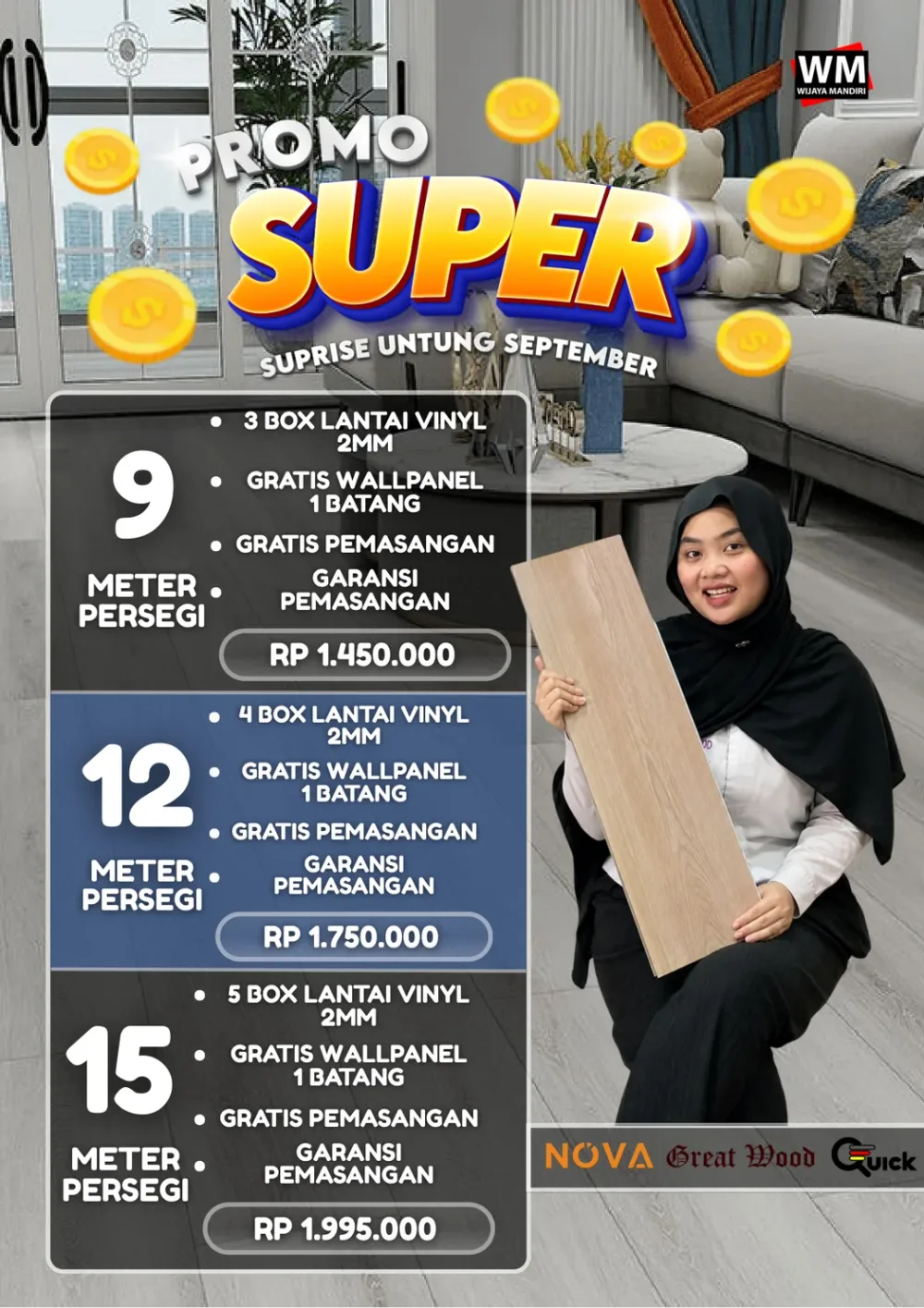 Promo Super paket lantai vinyl Nova Great Wood dan Quick, mulai 9 meter persegi Rp1.450.000
