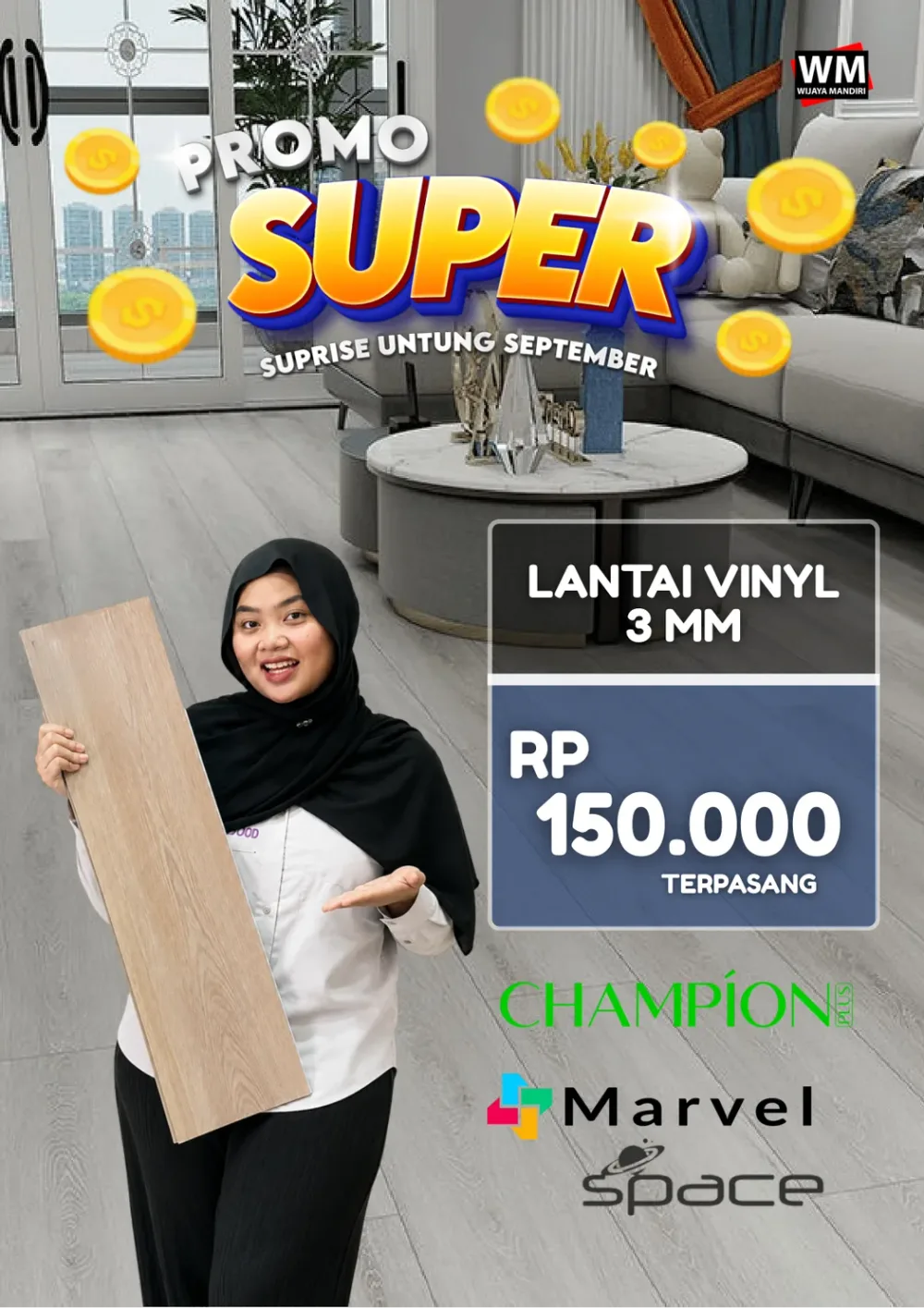 Promo Super Lantai Vinyl 3mm Champion Plus, Marvel, dan Space Rp150.000 per meter terpasang