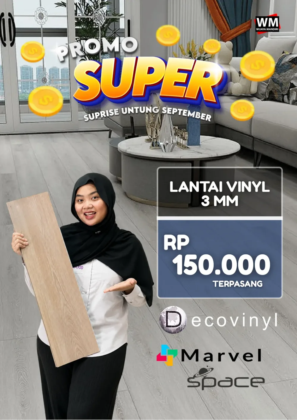 Promo Super Lantai Vinyl 3mm Decovinyl, Marvel, dan Space Rp150.000 per meter terpasang